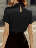 Sophisticated White Satin Blouse with Modern Keyhole Neckline Avalabel