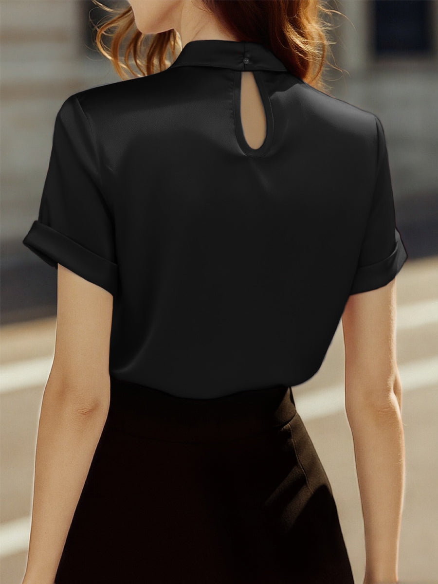 Sophisticated White Satin Blouse with Modern Keyhole Neckline Avalabel