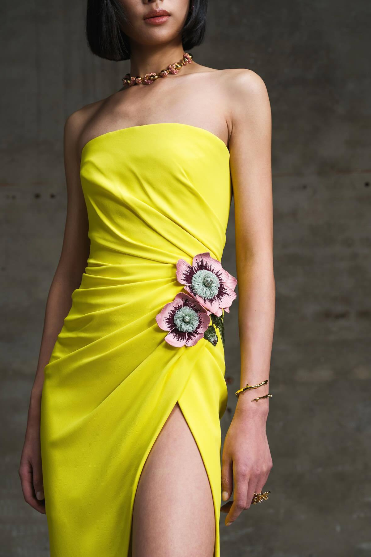 Victoria Yellow Strapless High-Slit Maxi Dress with 3D Flowers Avalabel