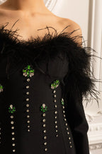 lara sequin high slit Feather Adorned maxi Dress - Black Avalabel