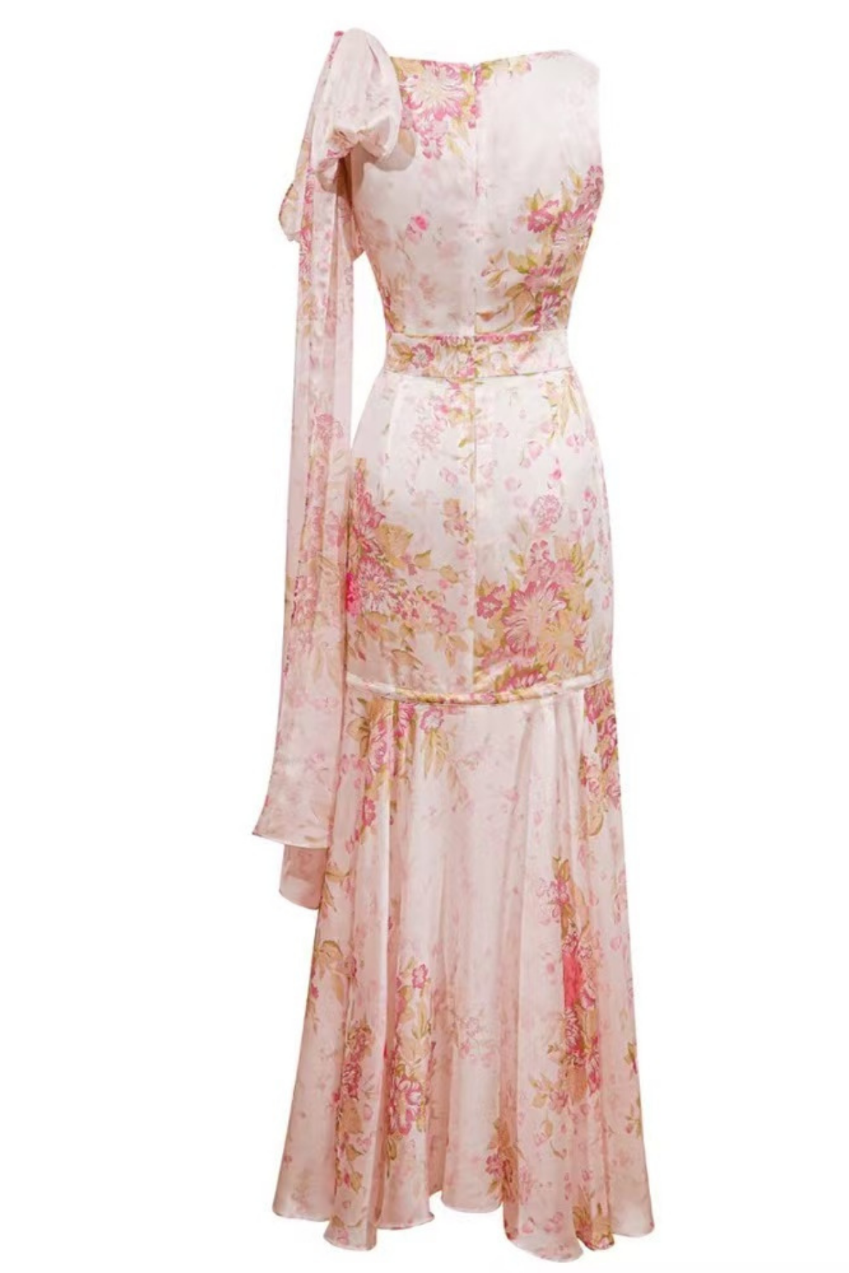 Vivienne Pink Floral One-Shoulder Maxi Dress with Bow Sash Avalabel