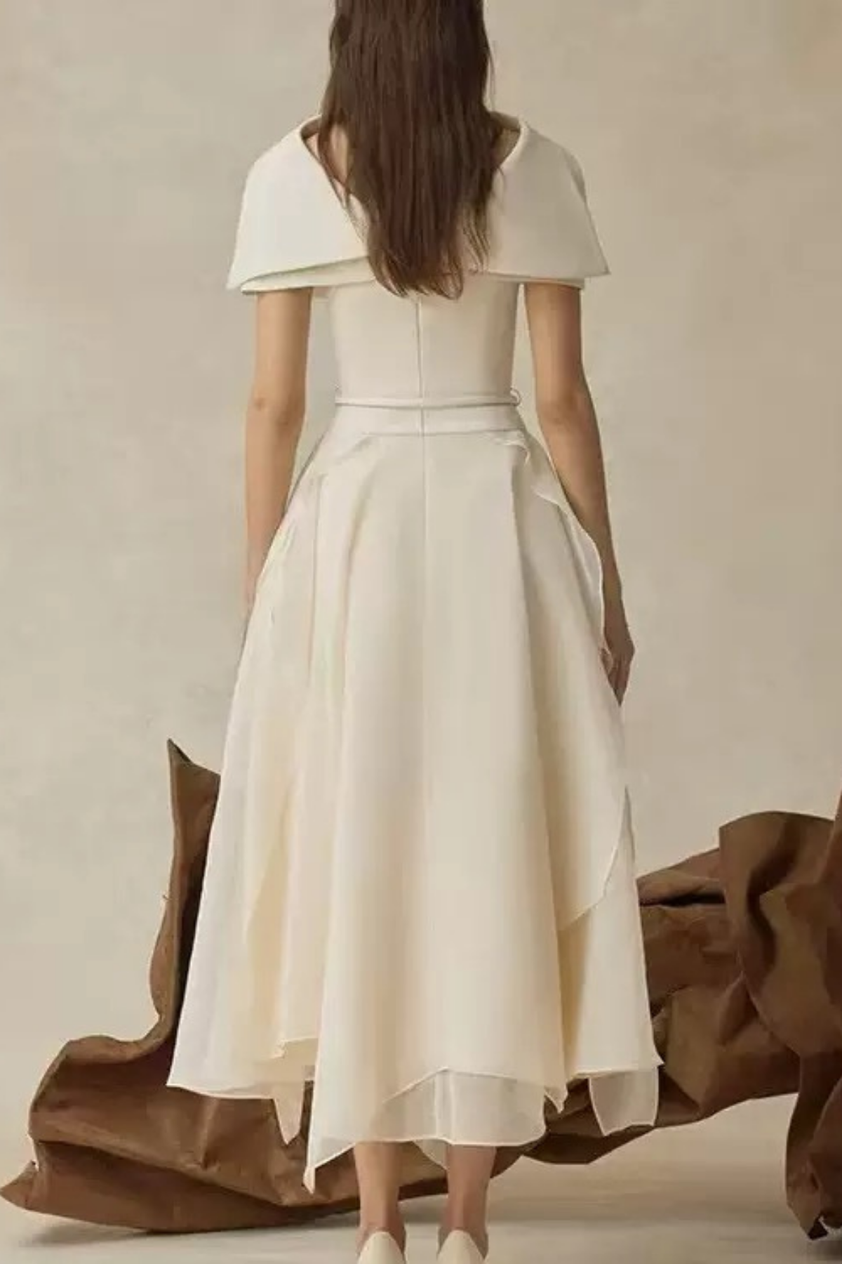 Sage Cream Asymmetrical Draped Off Shoulder Midi Gown Avalabel