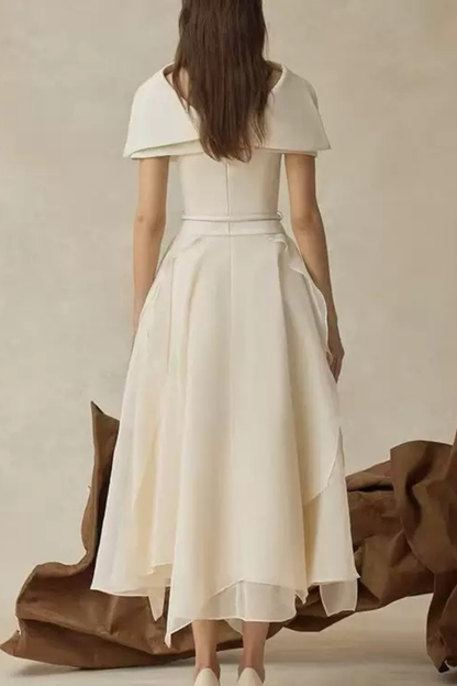 Sage Cream Asymmetrical Draped Off Shoulder Midi Gown Avalabel