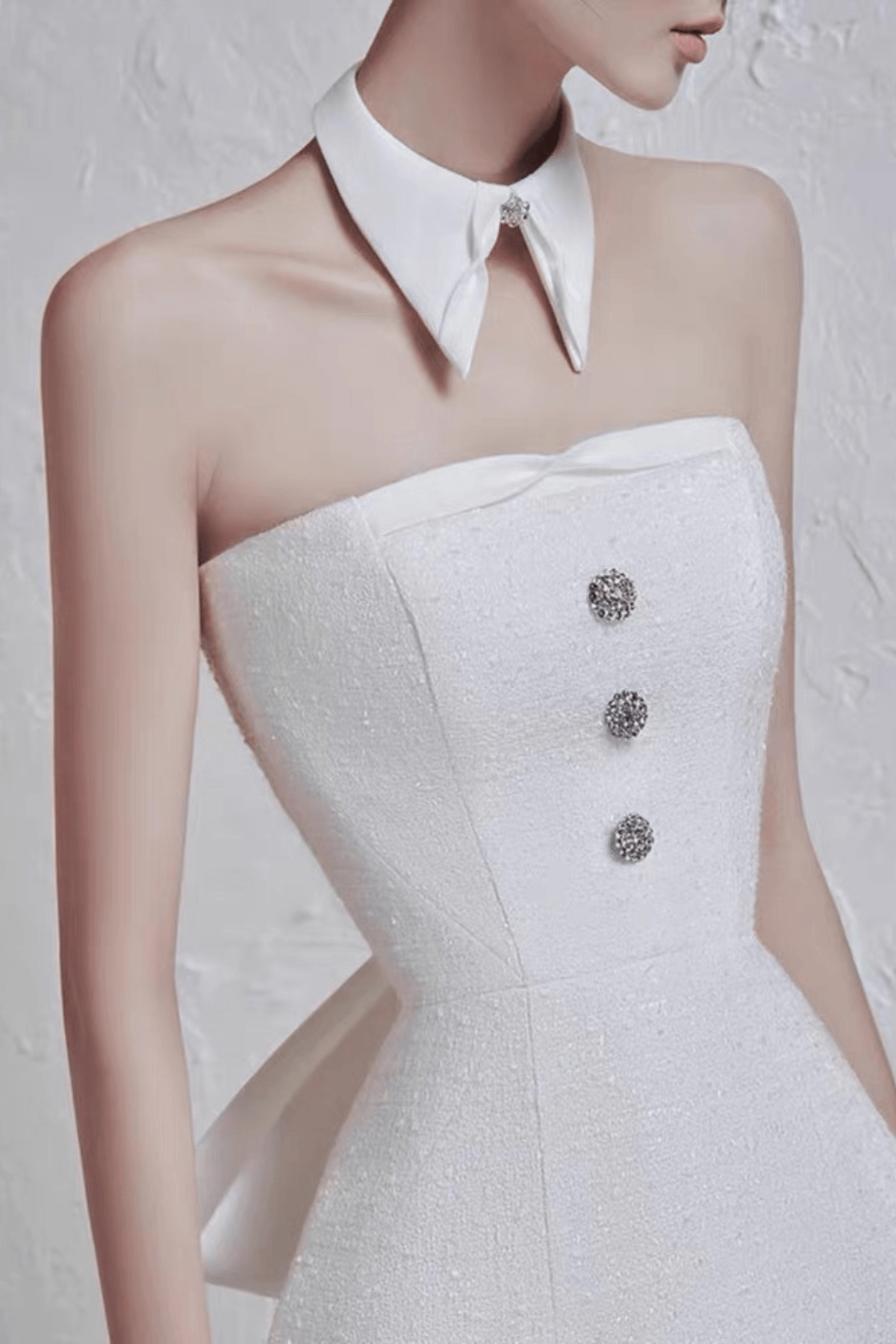 Eira White Strapless Rhinestone Button Textured Midi Dress Avalabel