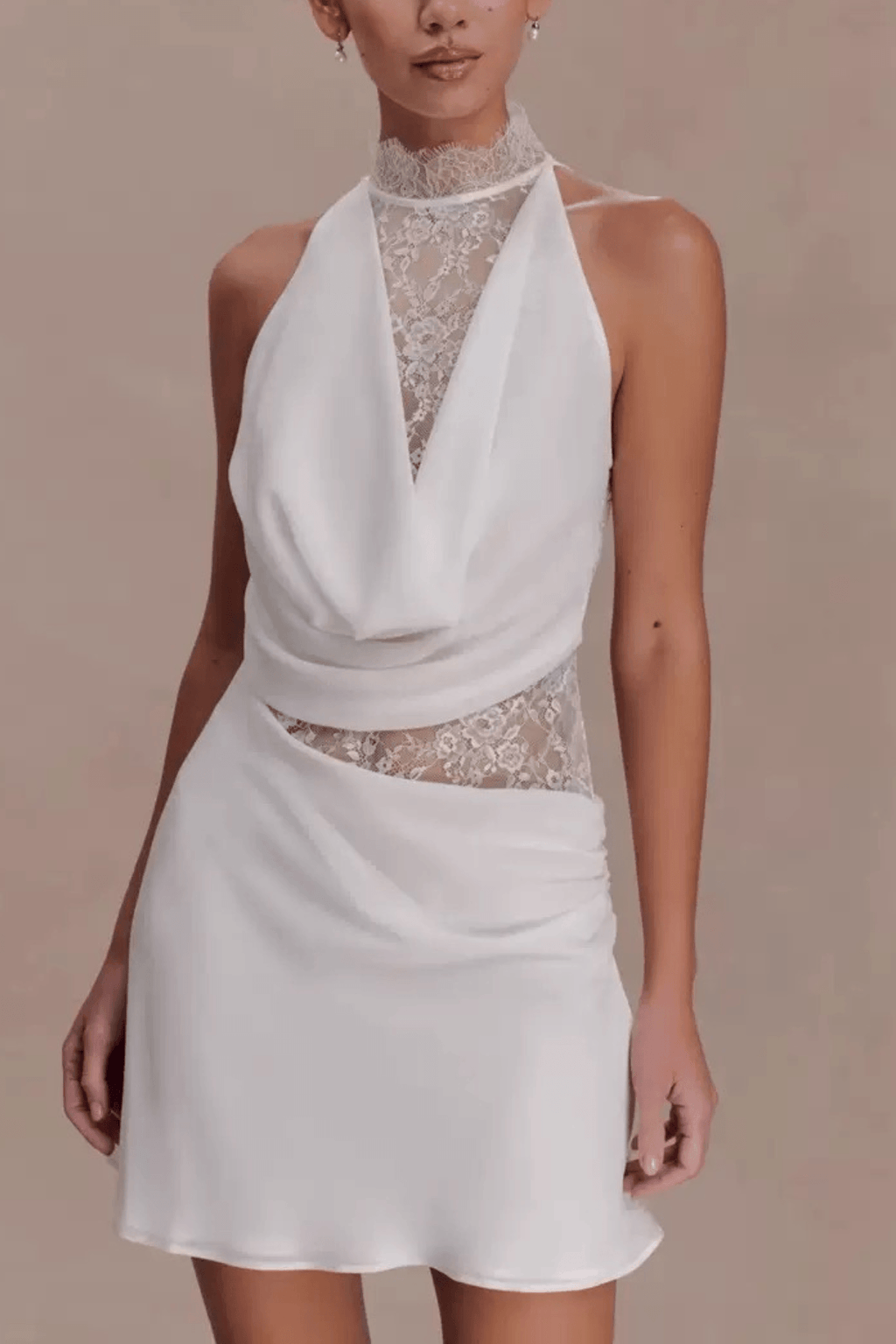 White Lace Halter Neck Ruched A Line Mini Dress Avalabel