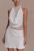 White Lace Halter Neck Ruched A Line Mini Dress Avalabel