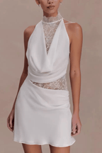 White Lace Halter Neck Ruched A Line Mini Dress Avalabel