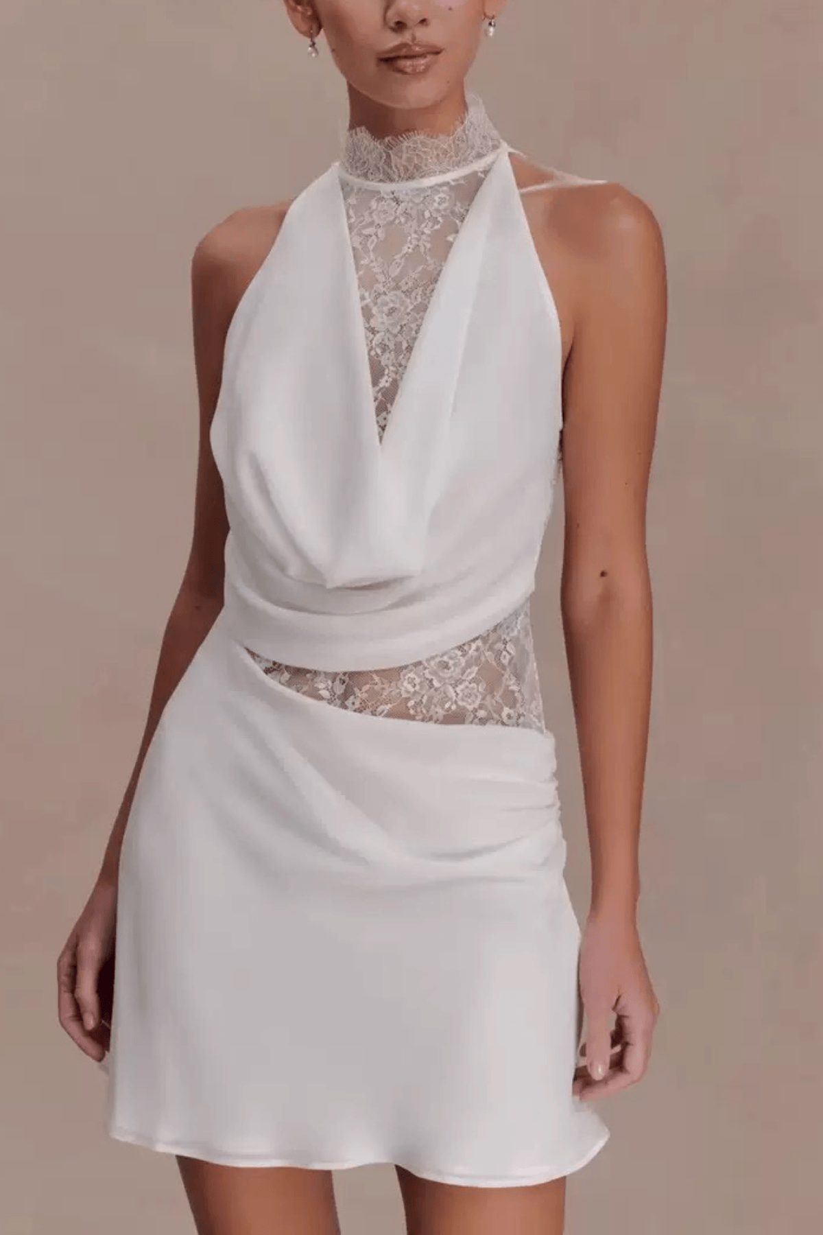 White Lace Halter Neck Ruched A Line Mini Dress Avalabel