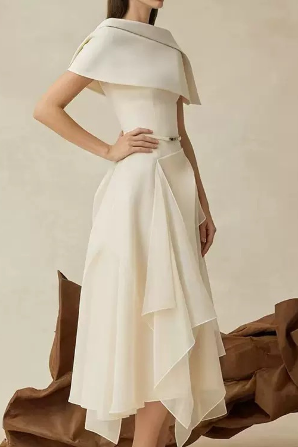 Sage Cream Asymmetrical Draped Off Shoulder Midi Gown Avalabel