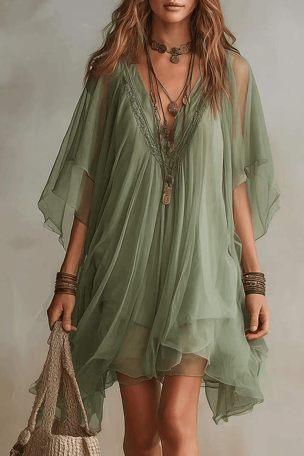 Lila Sage Green Boho Chiffon Mini Dress Avalabel