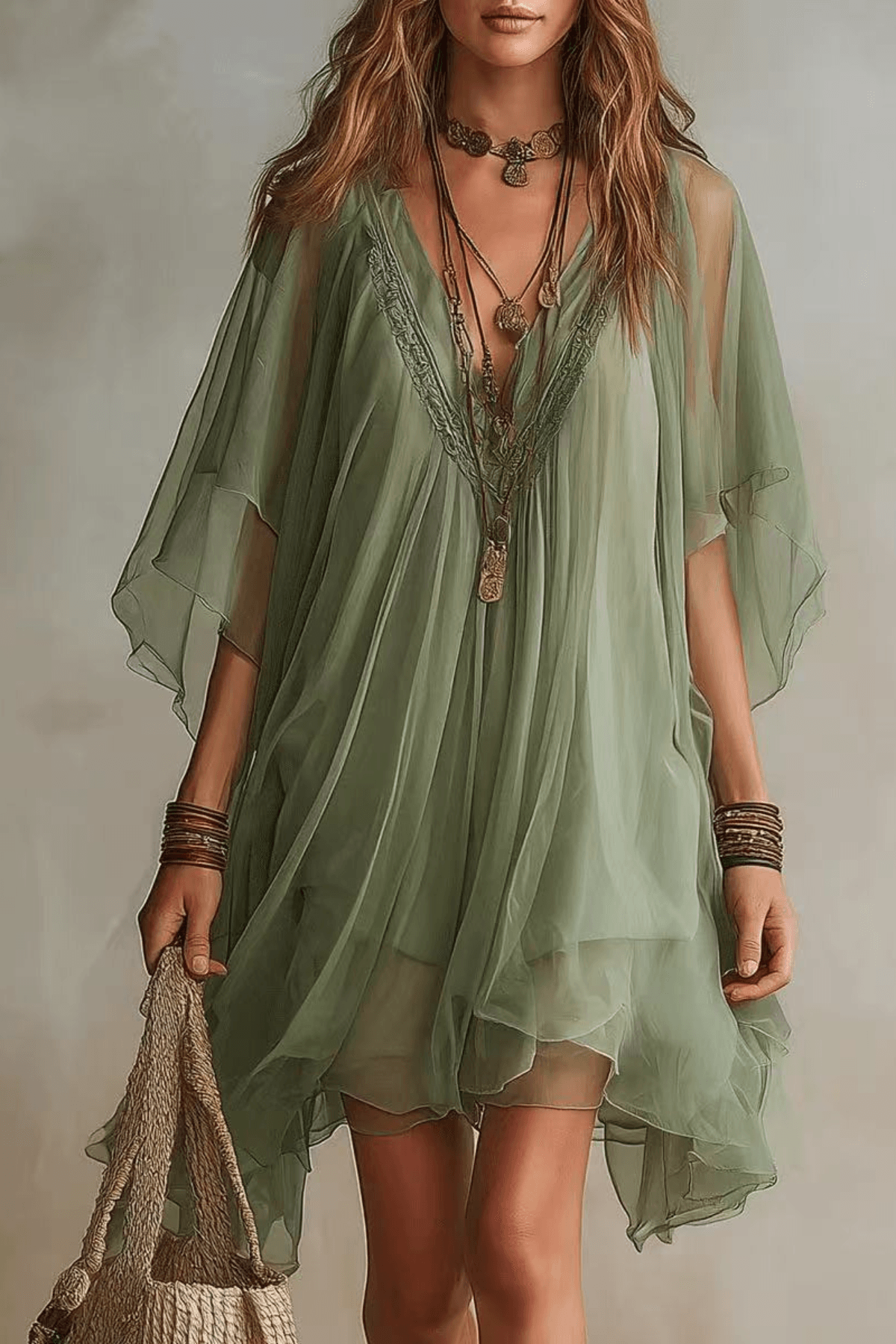Lila Sage Green Boho Chiffon Mini Dress Avalabel