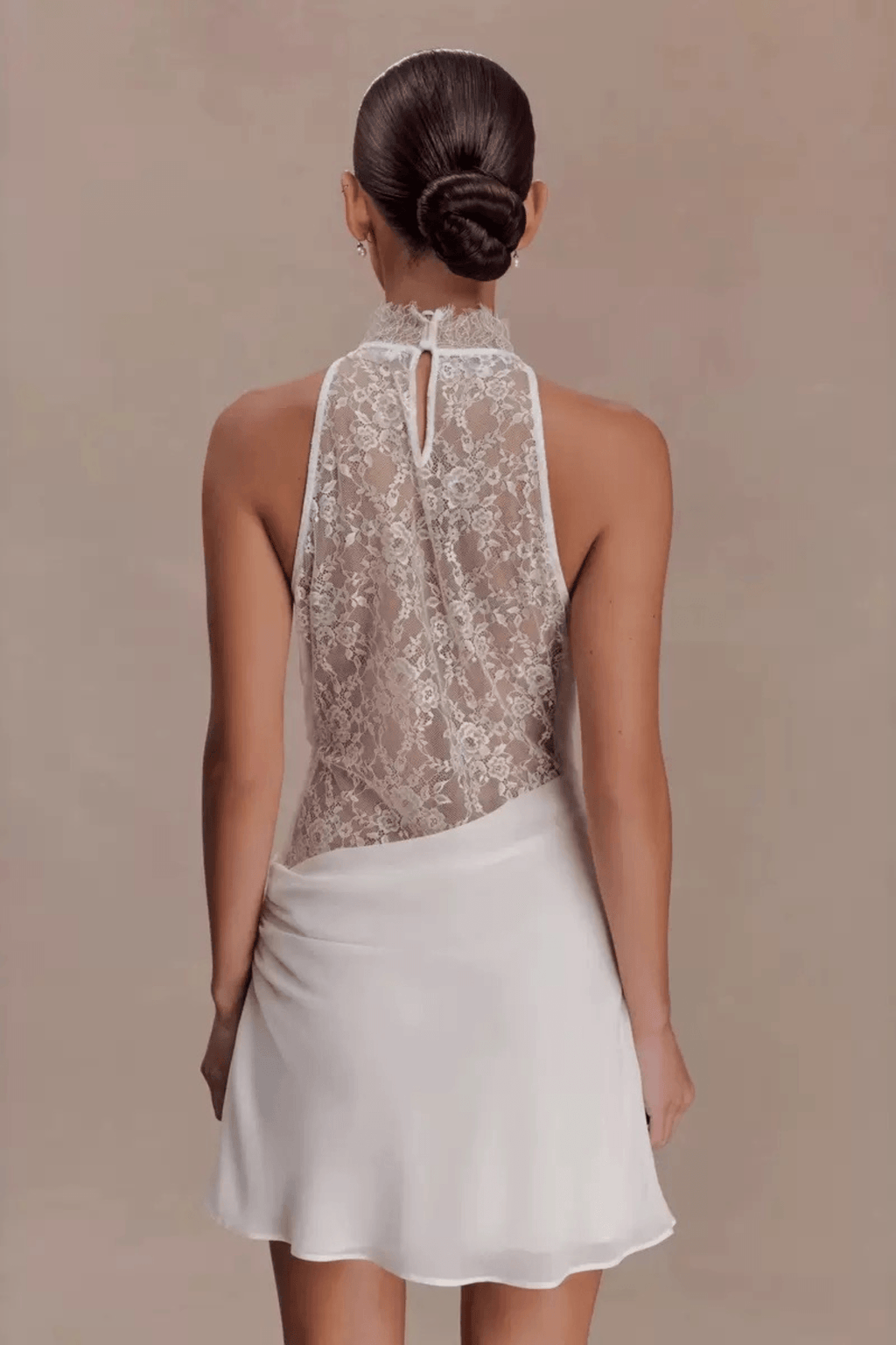 White Lace Halter Neck Ruched A Line Mini Dress Avalabel
