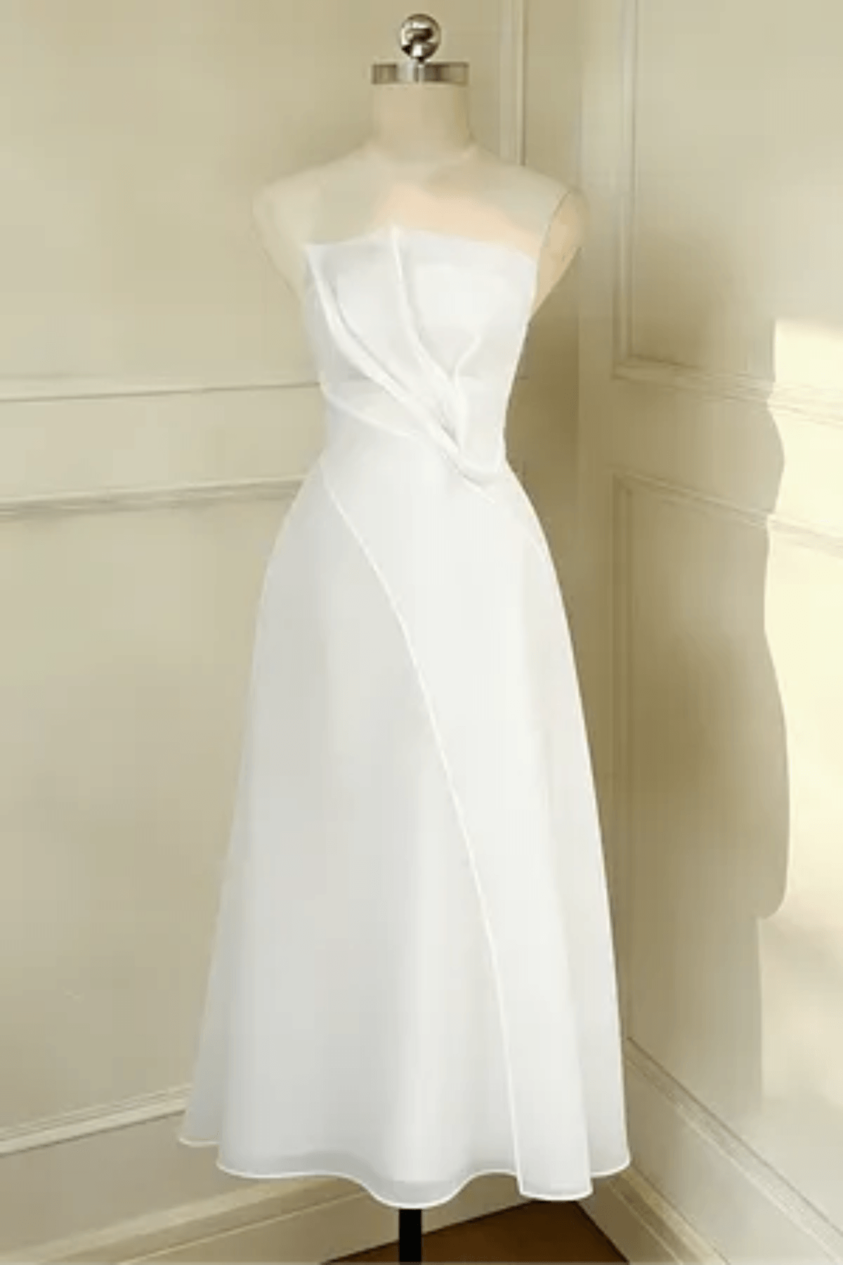 Strapless Layered Organza Midi Dress in White Avalabel