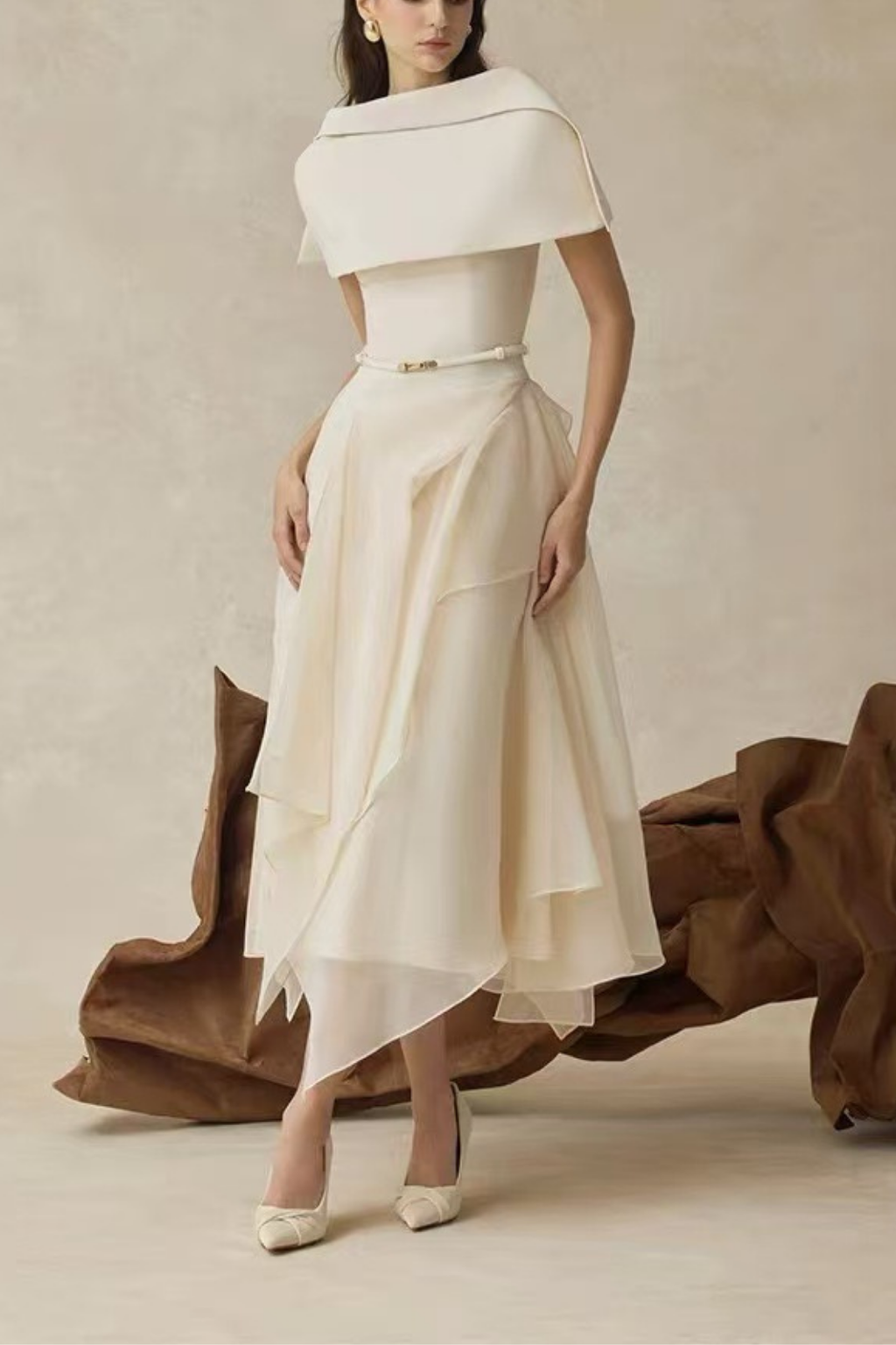 Sage Cream Asymmetrical Draped Off Shoulder Midi Gown Avalabel