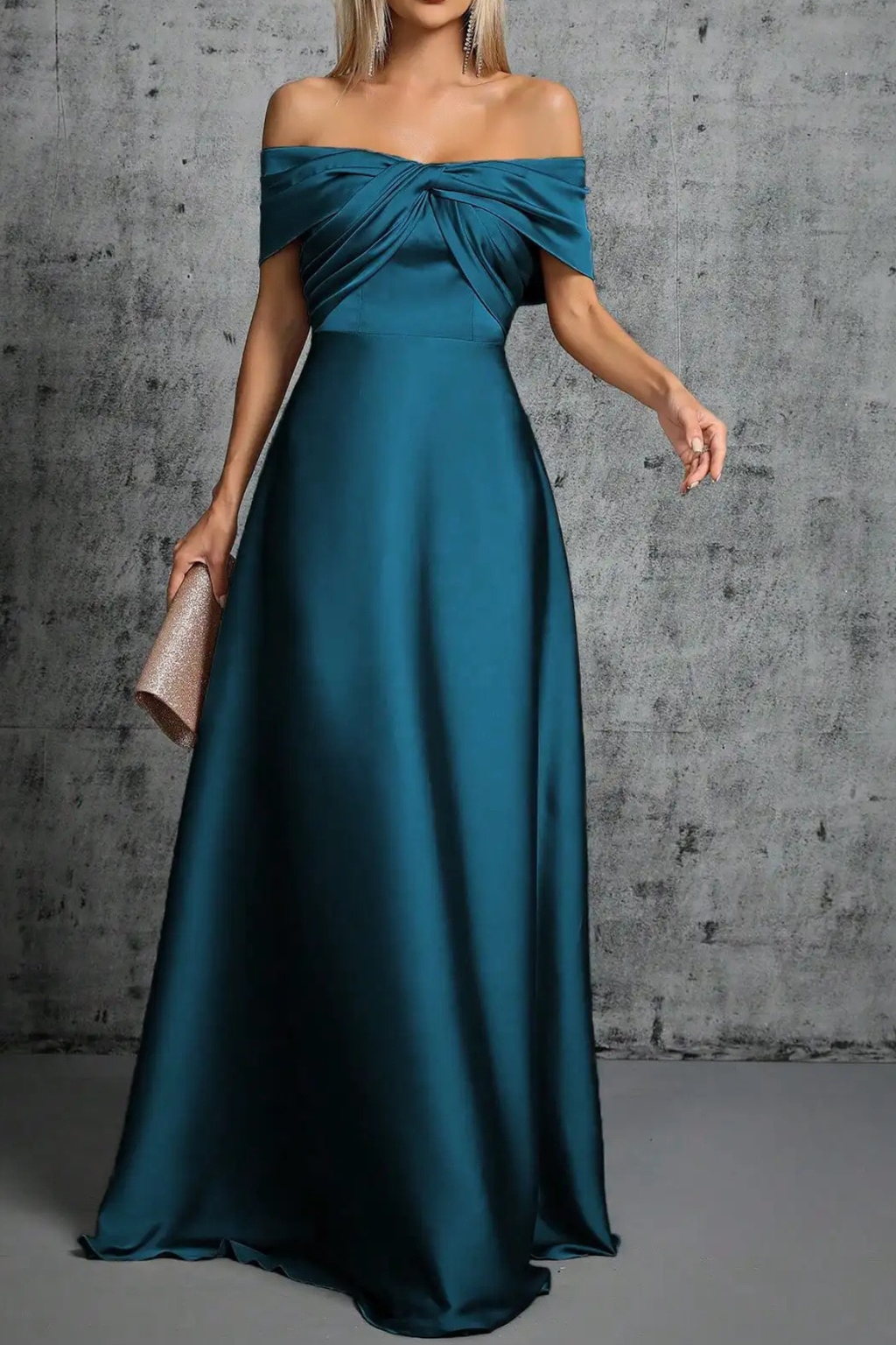 Rita Dusty Blue Satin Off‑Shoulder Twist Dress Avalabel