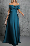 Rita Dusty Blue Satin Off‑Shoulder Twist Dress Avalabel