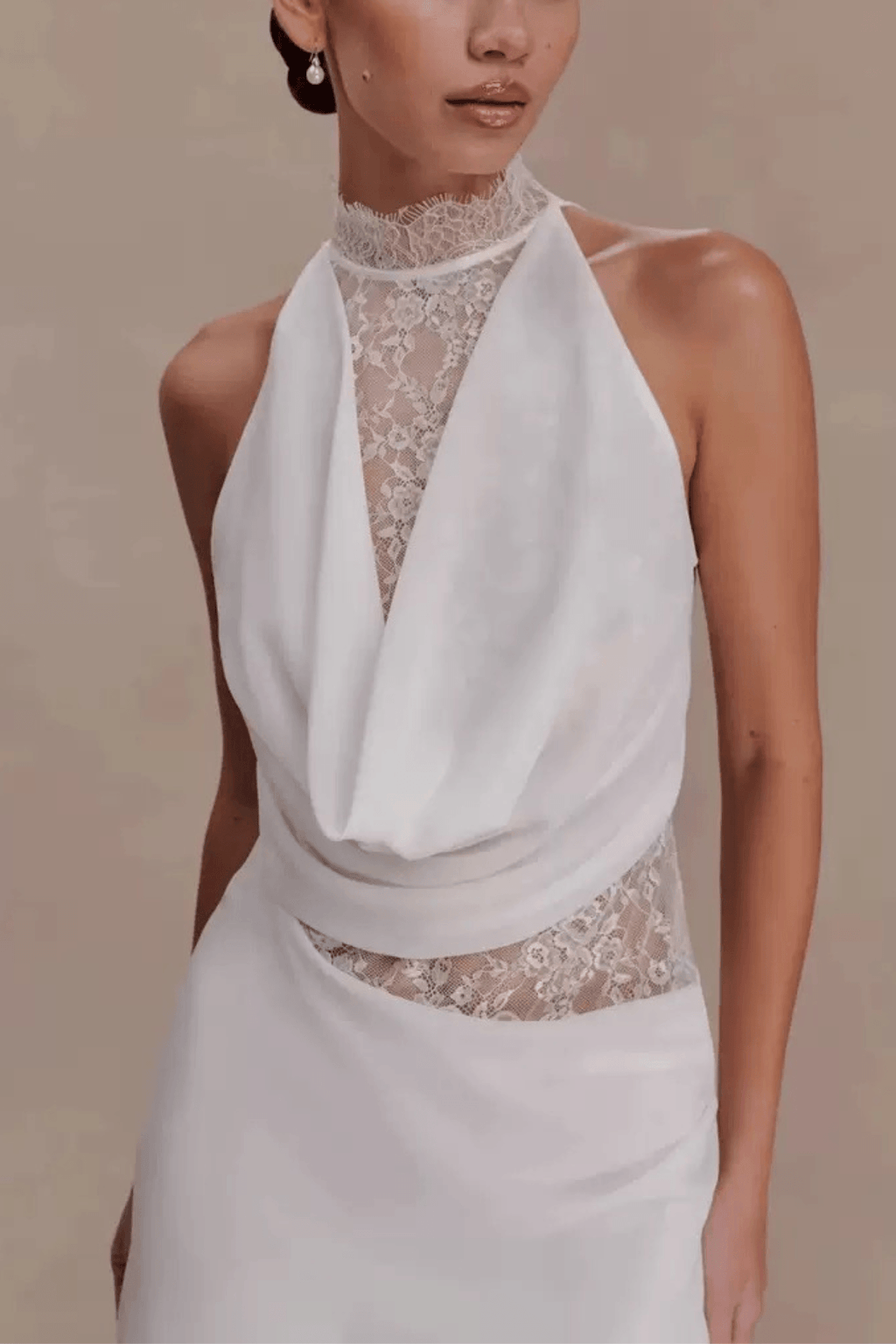 White Lace Halter Neck Ruched A Line Mini Dress Avalabel