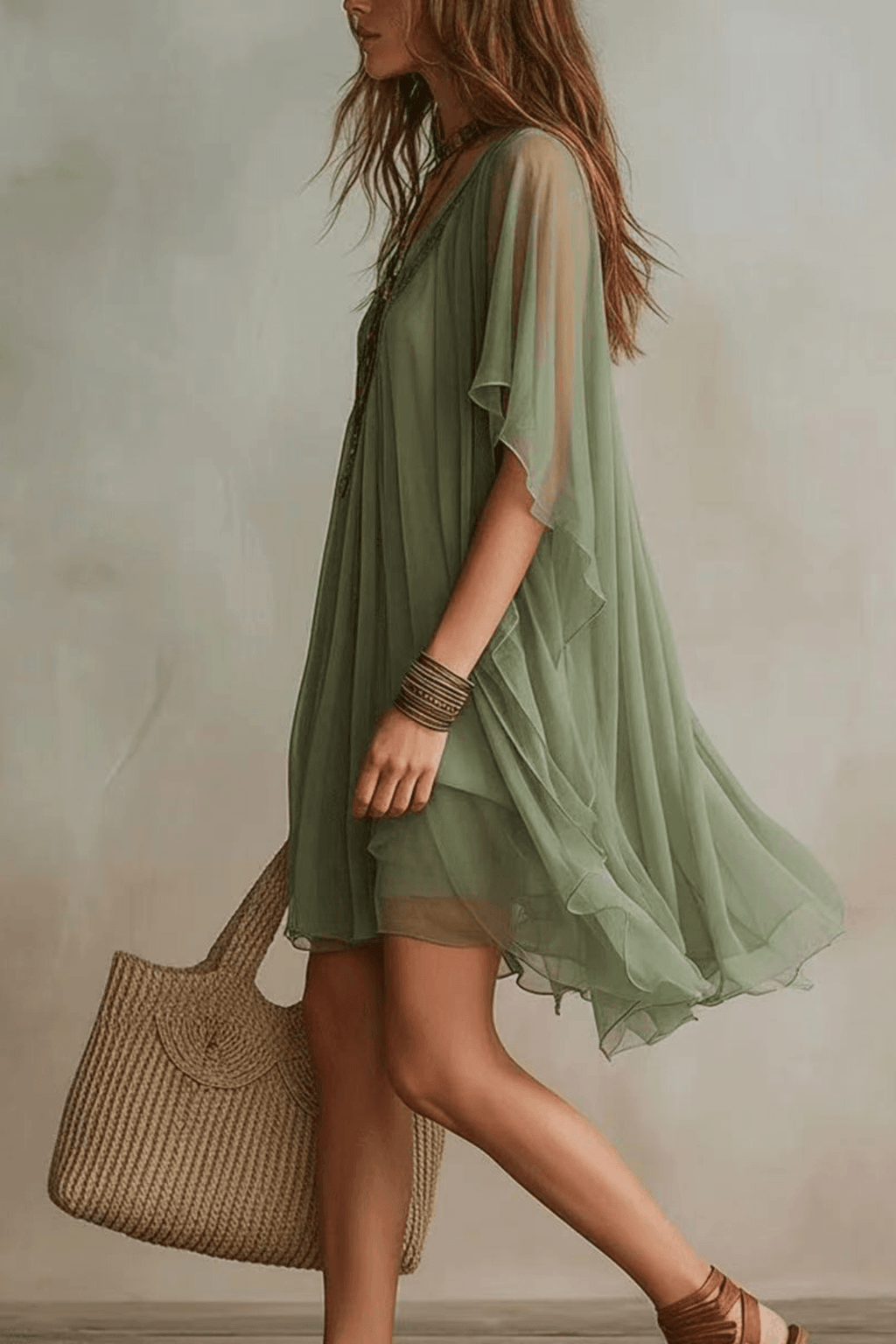 Lila Sage Green Boho Chiffon Mini Dress Avalabel