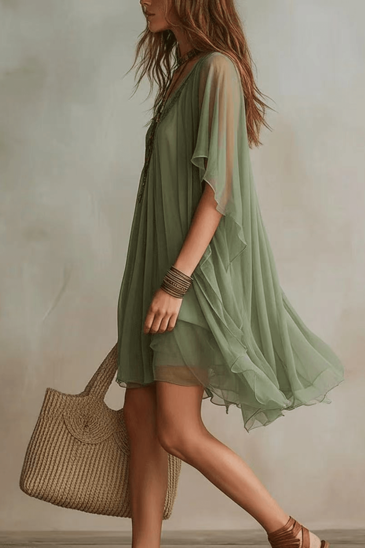Lila Sage Green Boho Chiffon Mini Dress Avalabel