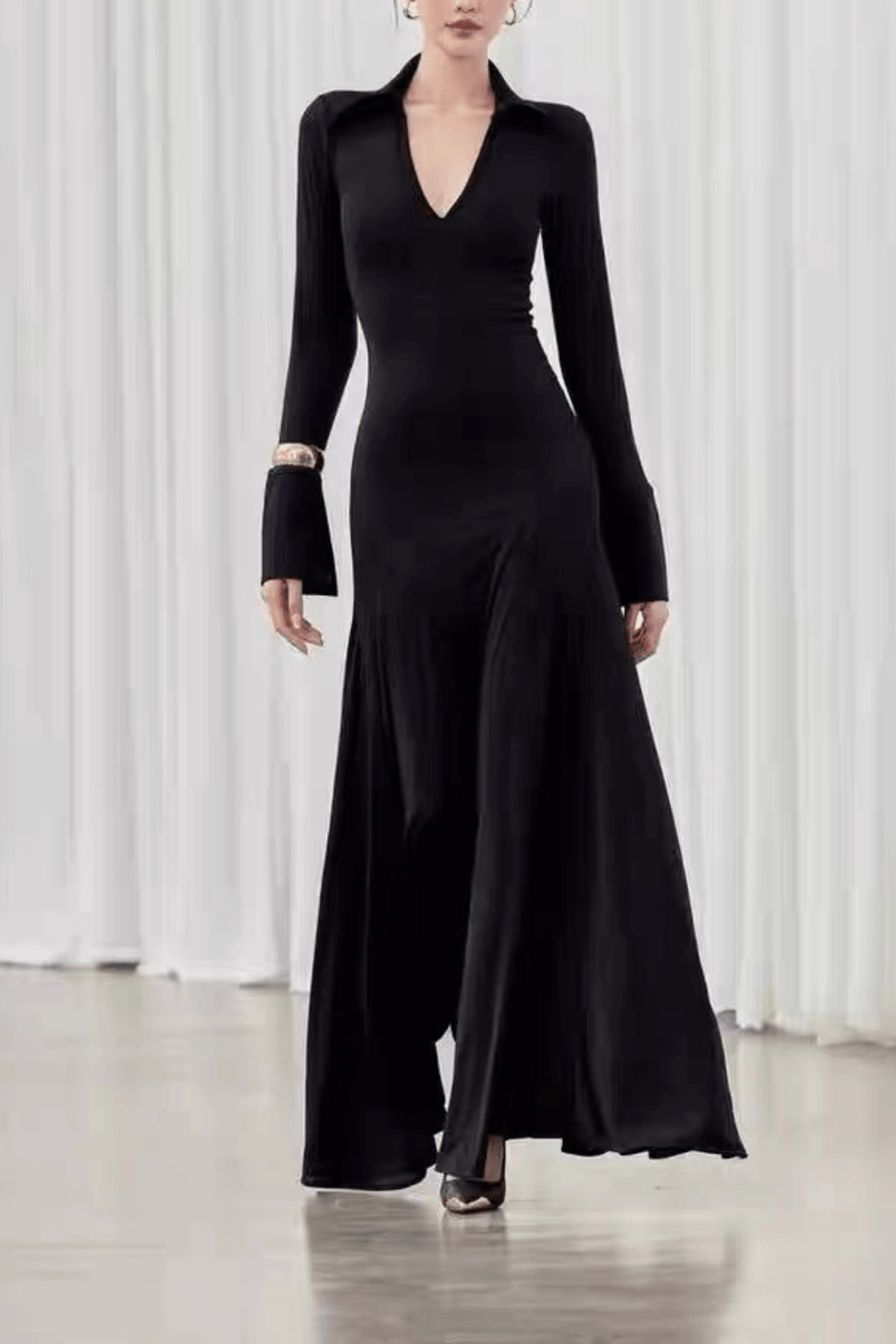 Amy Black Collared Deep V Long Sleeve Flared Dress Avalabel