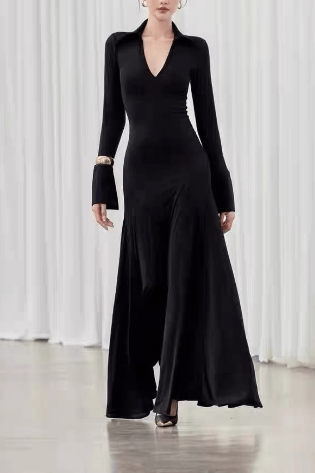 Amy Black Collared Deep V Long Sleeve Flared Dress Avalabel