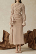 brianna Asymmetric Long Sleeve pleated maxi Dress in beige Avalabel