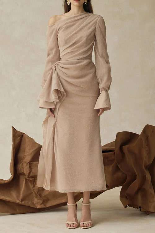 brianna Asymmetric Long Sleeve pleated maxi Dress in beige Avalabel