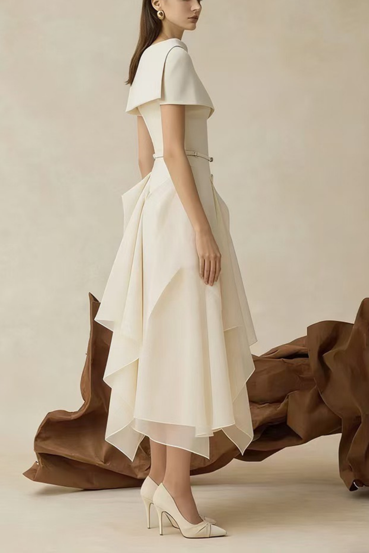 Sage Cream Asymmetrical Draped Off Shoulder Midi Gown Avalabel