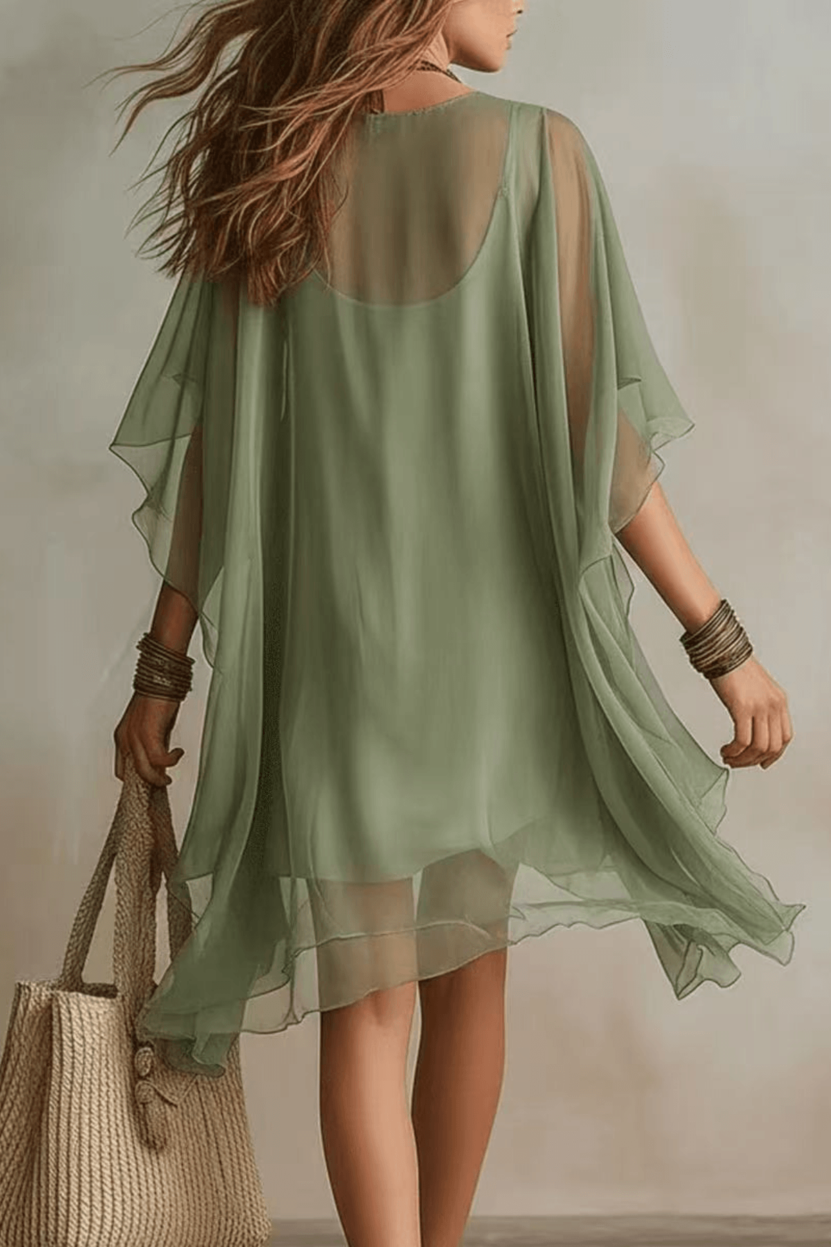 Lila Sage Green Boho Chiffon Mini Dress Avalabel
