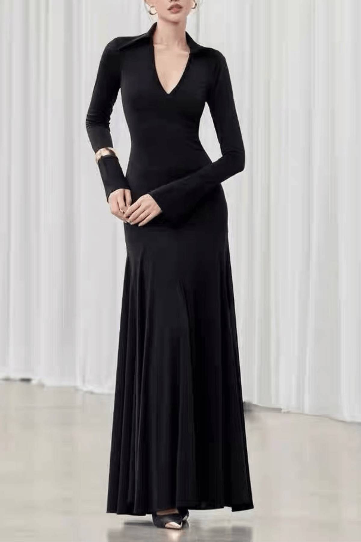 Amy Black Collared Deep V Long Sleeve Flared Dress Avalabel