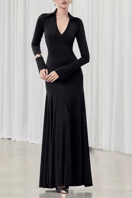 Amy Black Collared Deep V Long Sleeve Flared Dress Avalabel