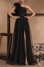 Vina One Shoulder Ruffle Embellished Tulle Slit Dress Avalabel