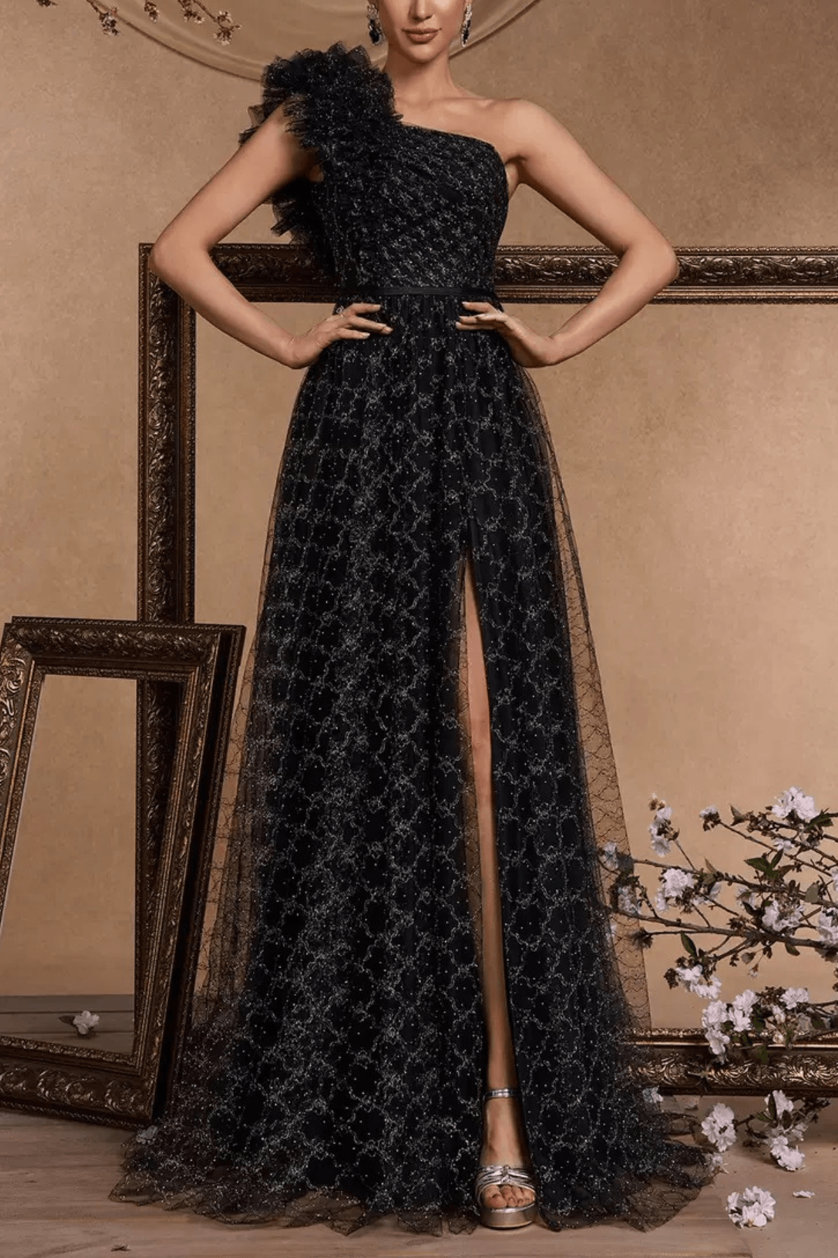Vina One Shoulder Ruffle Embellished Tulle Slit Dress Avalabel