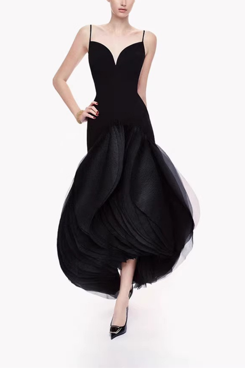 Lila Petal Neck Spaghetti Strap Black Tulle Midi Formal Dress Avalabel