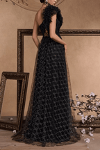 Vina One Shoulder Ruffle Embellished Tulle Slit Dress Avalabel