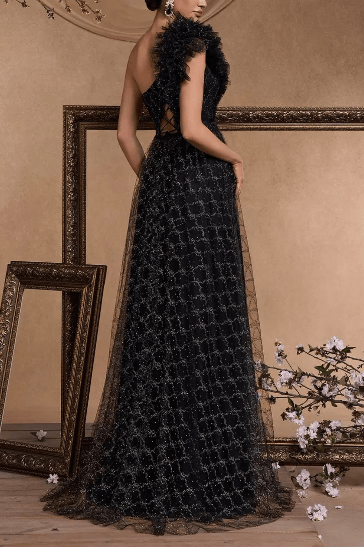 Vina One Shoulder Ruffle Embellished Tulle Slit Dress Avalabel