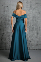 Rita Dusty Blue Satin Off‑Shoulder Twist Dress Avalabel