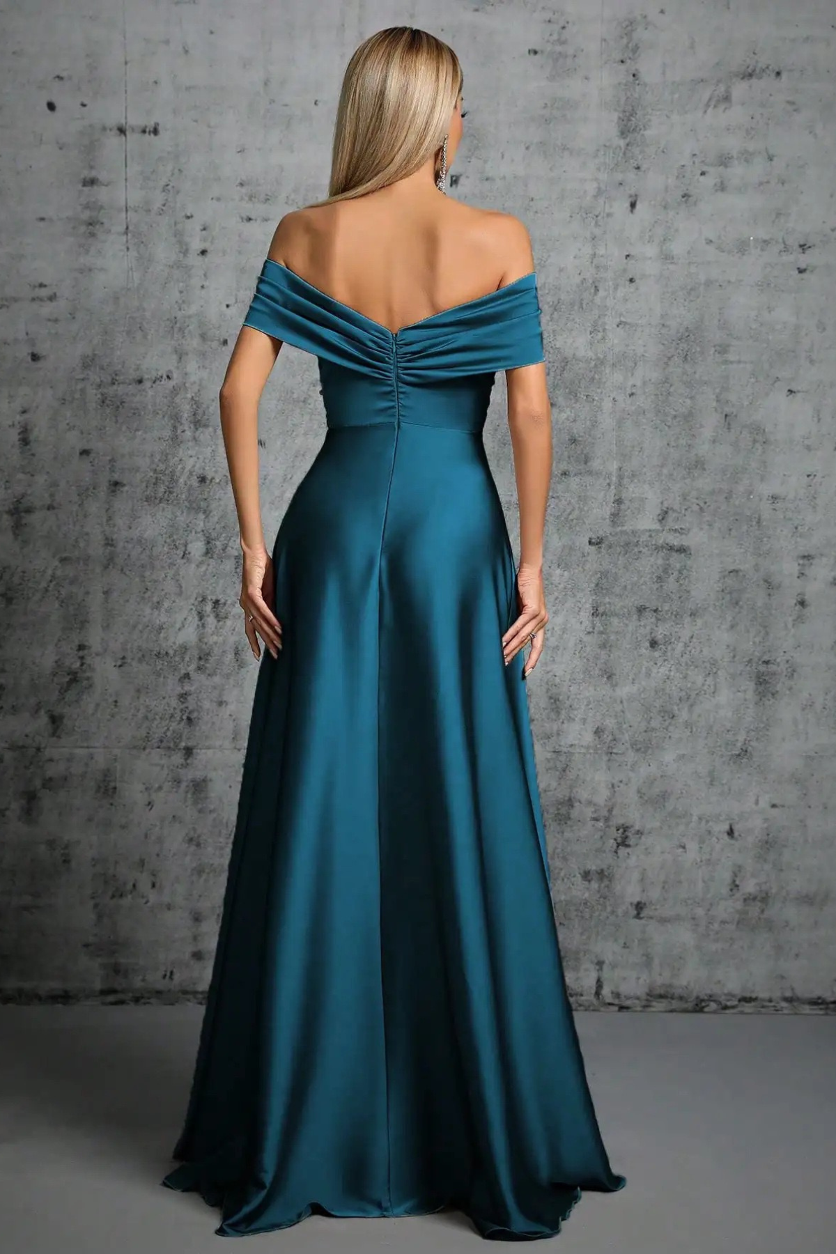 Rita Dusty Blue Satin Off‑Shoulder Twist Dress Avalabel