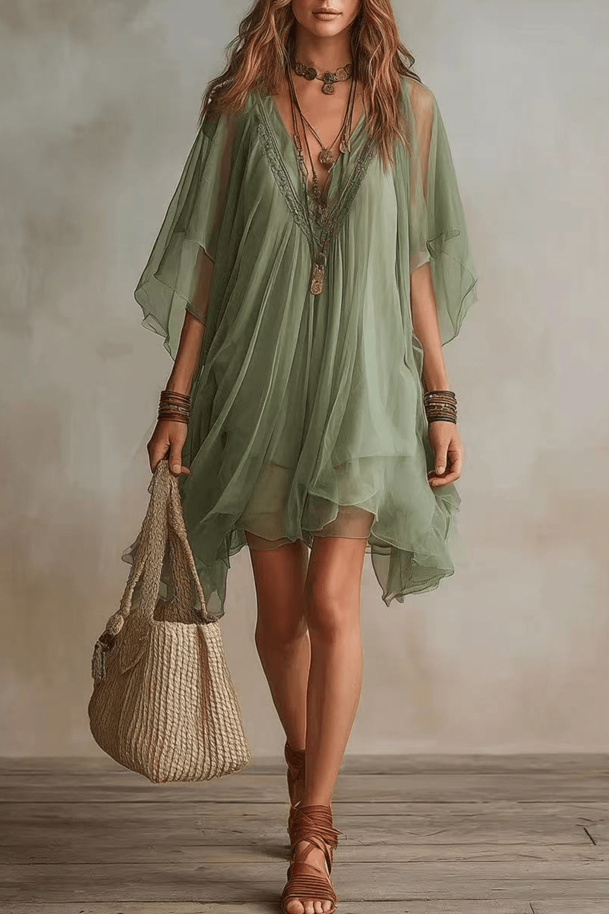 Lila Sage Green Boho Chiffon Mini Dress Avalabel
