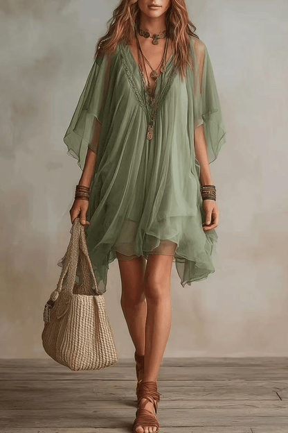 Lila Sage Green Boho Chiffon Mini Dress Avalabel