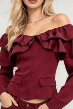 Cindy Burgundy Off Shoulder Ruffle Top Avalabel