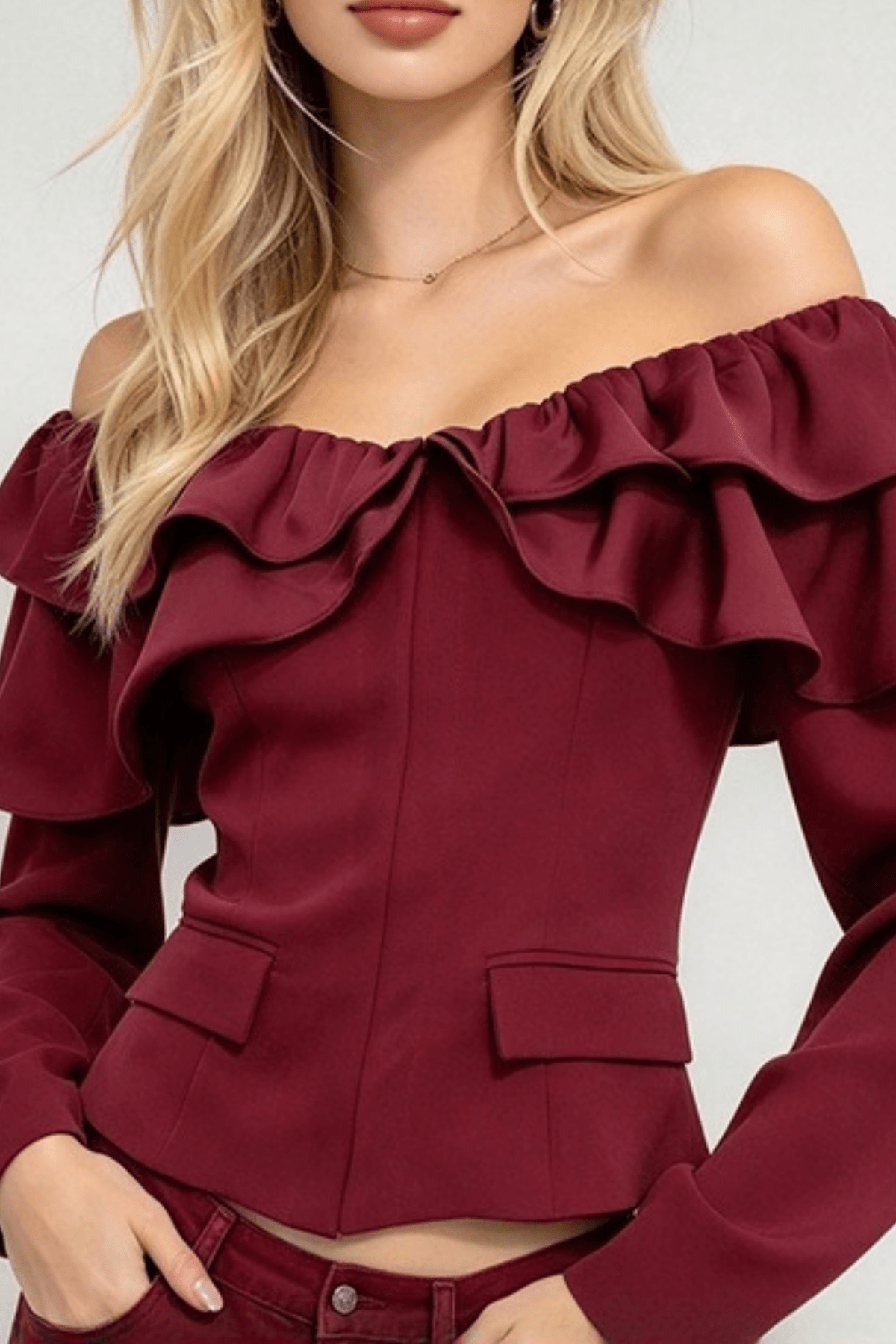 Cindy Burgundy Off Shoulder Ruffle Top Avalabel