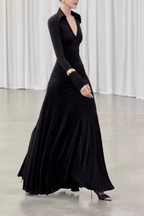 Amy Black Collared Deep V Long Sleeve Flared Dress Avalabel