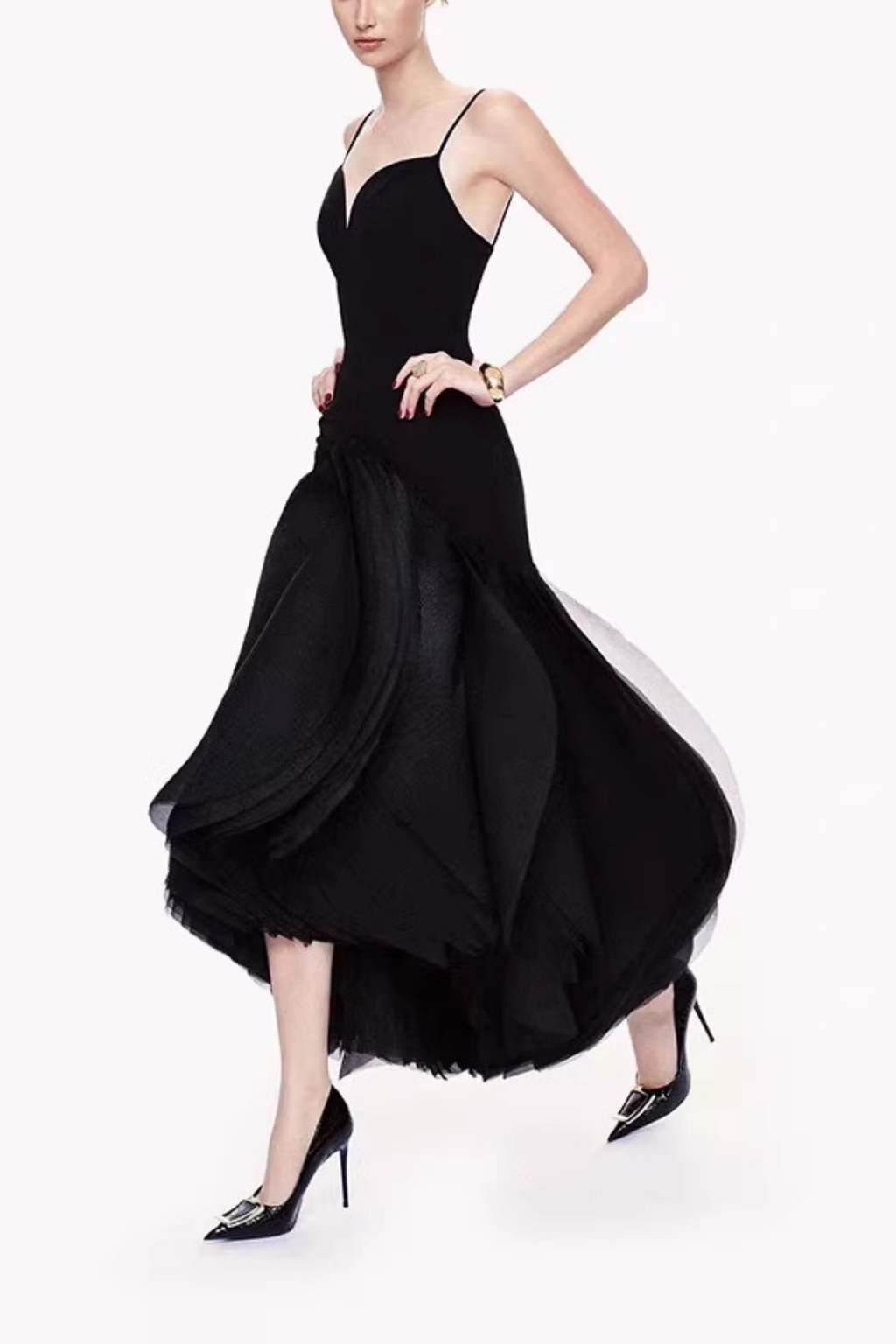 Lila Petal Neck Spaghetti Strap Black Tulle Midi Formal Dress Avalabel