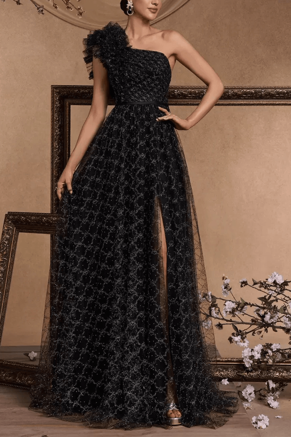 Vina One Shoulder Ruffle Embellished Tulle Slit Dress Avalabel