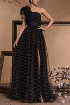 Vina One Shoulder Ruffle Embellished Tulle Slit Dress Avalabel