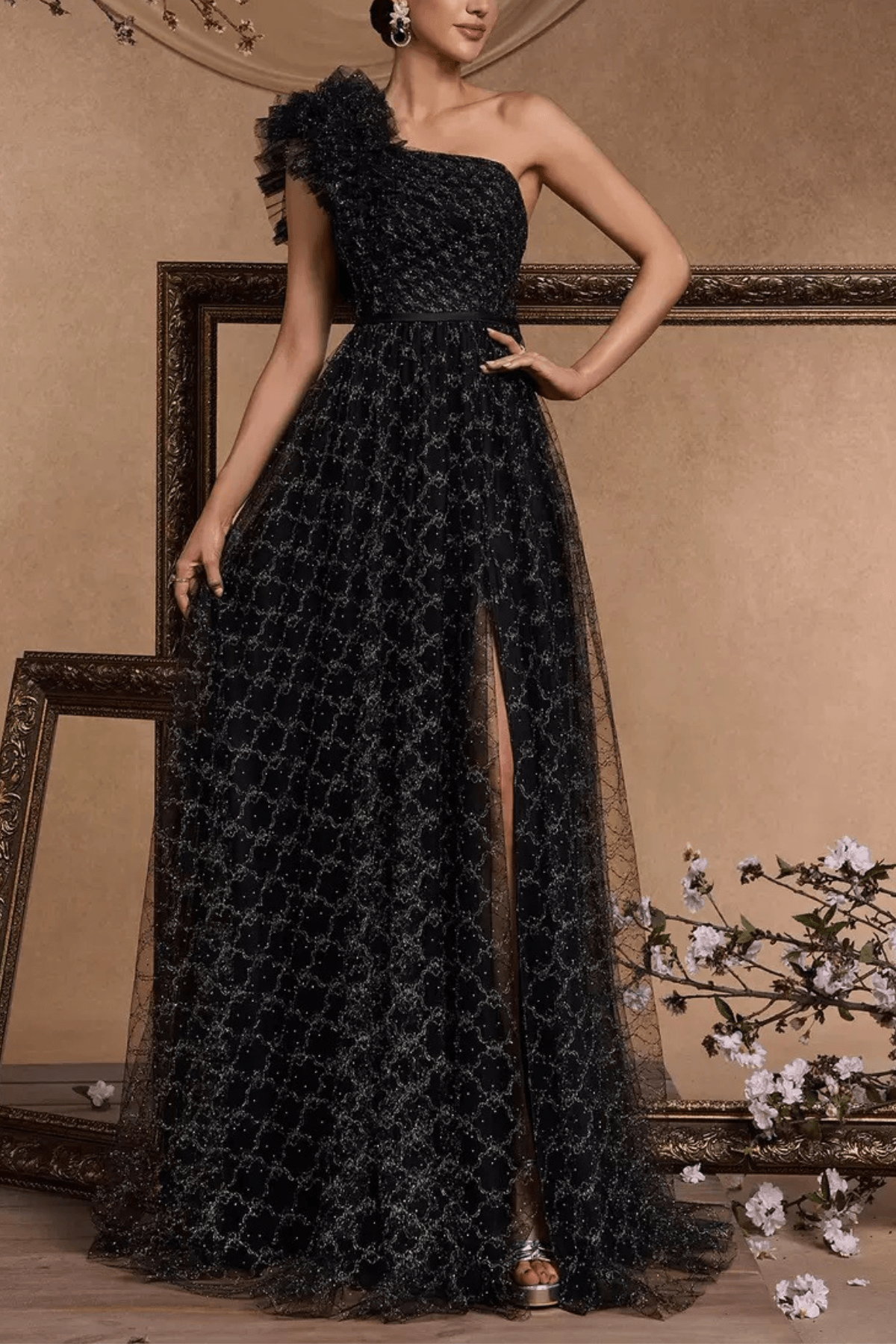 Vina One Shoulder Ruffle Embellished Tulle Slit Dress Avalabel