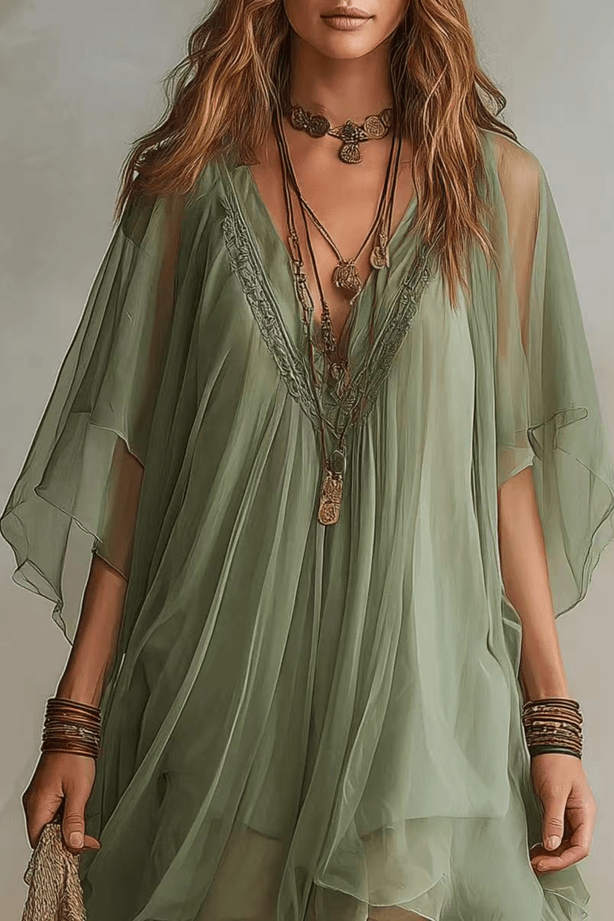 Lila Sage Green Boho Chiffon Mini Dress Avalabel