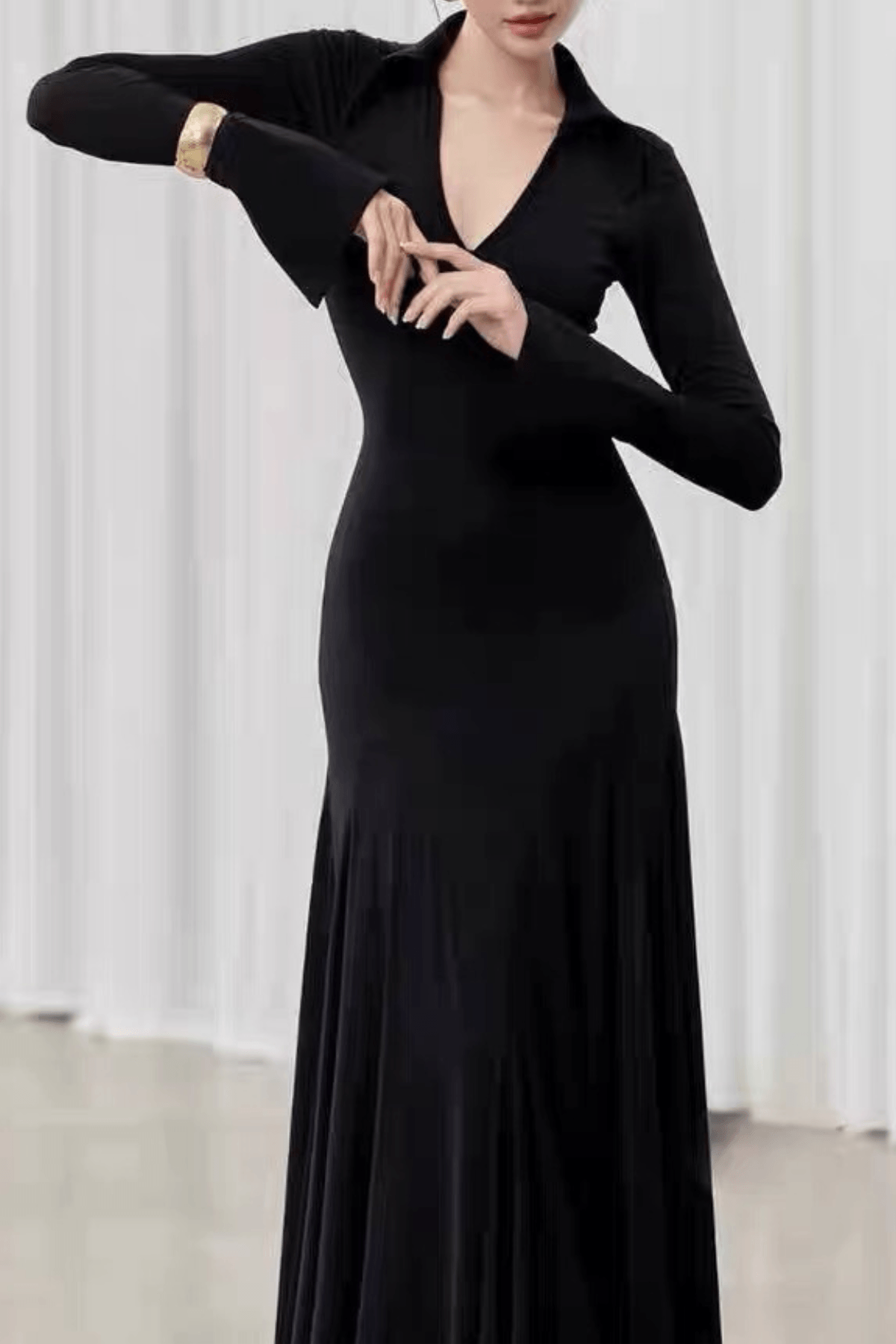 Amy Black Collared Deep V Long Sleeve Flared Dress Avalabel