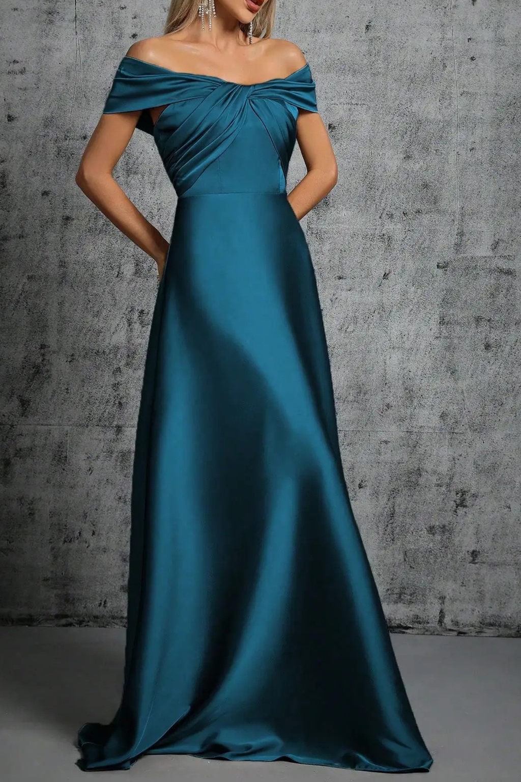 Rita Dusty Blue Satin Off‑Shoulder Twist Dress Avalabel